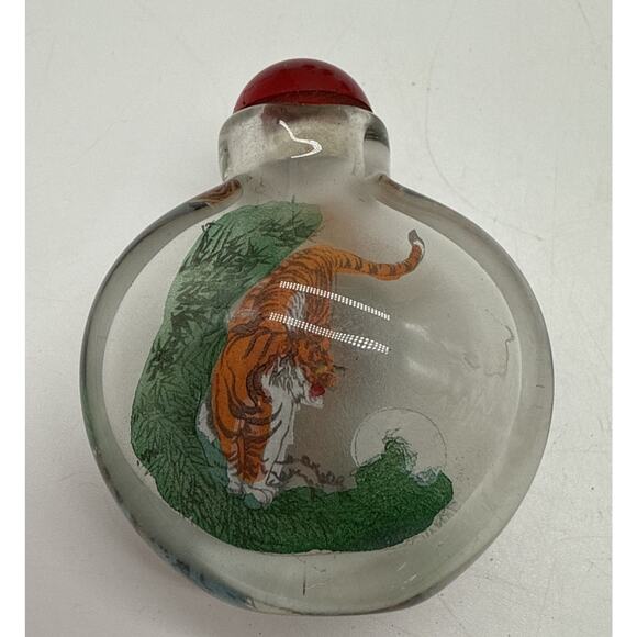 Vtg Reverse Painted Asian Snuff Bottles Powder Jar Red Cap Lot Of 7 - Picture 4 of 16